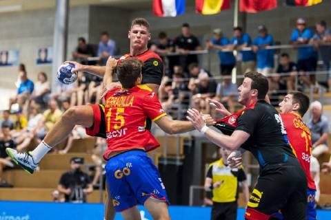 Kloten, Germany June 28, 2019 DHB U21 International Airport Trophy Spain vs. Germany Sebastian Heymann Germany FrischAuf Goeppingen , Antonio Serradilla Spain , Joshua Thiele Germany TSV Hannover Burgdorf , Eneko Goenaga Spain Kloten Sporthalle Ruebisbach Switzerland