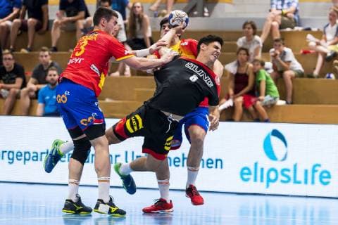 Kloten, Germany 28 June 2019 DHB U21 international match Airport Trophy Spain vs Germany v li Eneko Goenaga Spain , Eloy Moranze Maldonado Germany Bayer Dormagen Kloten Sporthalle Ruebisbach Switzerland