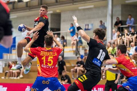 Kloten, Germany 28 June 2019 DHB U21 International Airport Trophy Spain vs Germany v li Sebastian Heymann Germany FrischAuf Goeppingen , Antonio Serradilla Spain , Justin Kurch Germany SC Magdeburg , Eneko Goenaga Spain Kloten Sporthalle Ruebisbach Switzerland