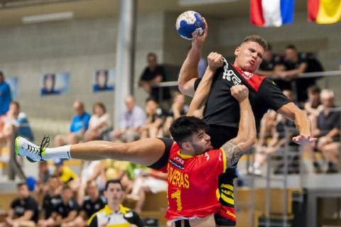 Kloten, Germany 28 June 2019 DHB U21 international Airport Trophy Spain vs Germany v left in duel Sebastian Heymann Germany FrischAuf Goeppingen , Pau Oliveras Floreta Spain Kloten Sporthalle Ruebisbach Switzerland