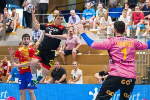 Kloten, Germany 28 June 2019 DHB U21 International Airport Trophy Spain vs Germany v li Lobato Alvaro Martinez Spain , Tim Matthes Germany Fuechse Berlin , Kilian Ramirez Spain Kloten Sporthalle Ruebisbach Switzerland