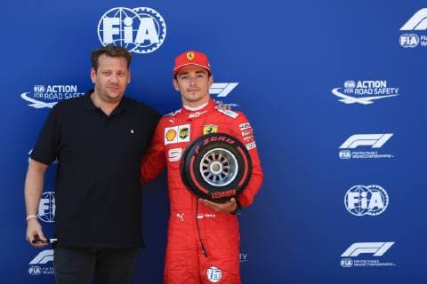 29th June 2019, Red Bull Ring, Spielberg, Austria; FIA Formula 1 Grand Prix, qualifying sessions; Scuderia Ferrari, Charles Leclerc receive the Pirelli Pole Position Award from the Pirelli Representative, Lukas Lauda  ActionPlus12148920 Octane