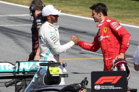 Lewis Hamilton GB 44 , Mercedes AMG Petronas Motorsport congratulates Charles Leclerc MCO 16 , Scuderia Ferrari Mission Winnow on pole position, 1 grid position , Formula 1 Austrian Grand Prix, Formula 1, Grand Prix of Austria at Red Bull Ring on June 29, 2019 in Spielberg, Austria