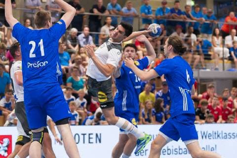Kloten, Germany 29 June 2019 Handball, DHB U21 international Airport Trophy Germany vs France v li Robin Dourte France , Eloy Moranze Maldonado Germany Bayer Dormagen , Elohim Prandi France , Noa Gaudin France Kloten Sporthalle Ruebisbach Switzerland