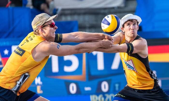 Sport Themen der Woche KW26 Sport Bilder des Tages FIVB Beach volleyball, Beachvolleyball World Championships Hamburg 2019; 29.06.2019 Nils Ehlers (GER), Lars Flueggen (GER); FIVB Beach Volleyball World Championships Hamburg 2019 am 29.06.2019, Hamburg. *** FIVB Beach Volleyball World Championships Hamburg 2019 29 06 2019 Nils Ehlers GER , Lars Flueggen GER FIVB Beach Volleyball World Championships Hamburg 2019 29 06 2019, Hamburg xPWx