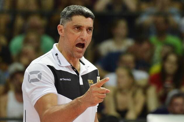 Volleyball, Nations League 2019, Leipzig 28 30 June 2019 , Game Germany vs Poland 29 06 2019 Jubilation after Andrea Gianis point win Coach Germany to his players in the game Germany vs Poland 29 06 2019 Leipzig Sachsen Germany Arena Leipzig