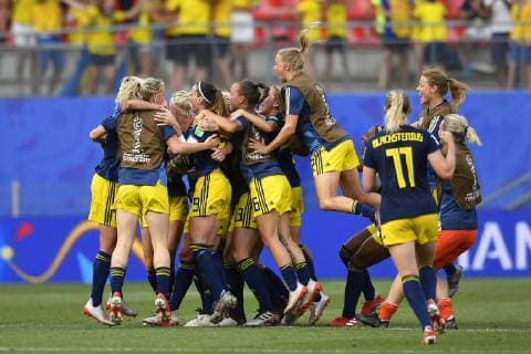 June 29, 2019 - Rennes, France - Players of Sweden celebrate victory after the 2019 FIFA Women s World Cup France Quarter Final match between Germany and Sweden at Roazhon Park on June 29, 2019 in Rennes, France. Germany v Sweden: Quarter Final - 2019 FIFA Women s World Cup France  - ZUMAn230 20190629_zaa_n230_236 Copyright: xJosexBretonx