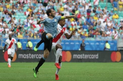 Uruguay vs Peru SALVADOR, BA - 29.06.2019: URUGUAY VS PERU - Diego Godin, during a match between Uruguay and Peru, valid for the quarterfinals of the Copa América 2019, held this Saturday (29) at the Fonte Nova Arena in Salvador, Bahia, Brazil. (Photo: Tiago Caldas Fotoarena) x1755386x  TiagoxCaldas