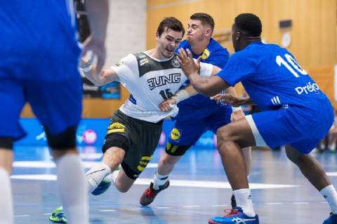 Kloten, Germany 29 June 2019 Handball, DHB U21 international Airport Trophy Germany vs France v left in duel Hendrik Schreiber Germany HSG Wetzlar Kloten Sporthalle Ruebisbach Switzerland