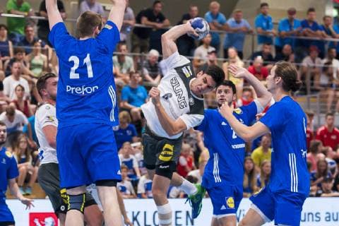 Kloten, Germany 29 June 2019 Handball, DHB U21 international Airport Trophy Germany vs France v li Robin Dourte France , Eloy Moranze Maldonado Germany Bayer Dormagen Kloten Sporthalle Ruebisbach Switzerland
