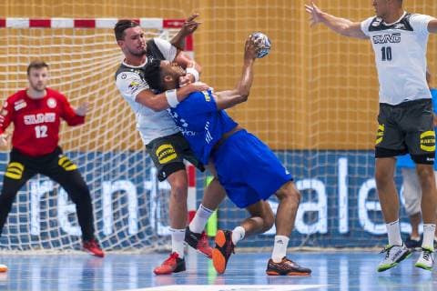 Kloten, Germany 29 June 2019 Handball, DHB U21 international Airport Trophy Germany vs France v left in duel Marcel Timm Germany HC 2000 Coburg and Yoann Gibelin France Kloten Sporthalle Ruebisbach Switzerland