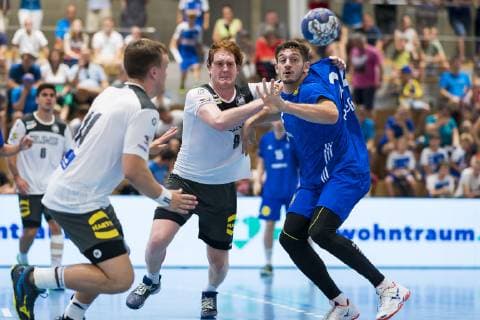 Kloten, Germany 29 June 2019 Handball, DHB U21 international Airport Trophy Germany vs France v left in duel Lukas Stutzke Germany Bayer Dormagen and Elohim Prandi France Kloten Sporthalle Ruebisbach Switzerland