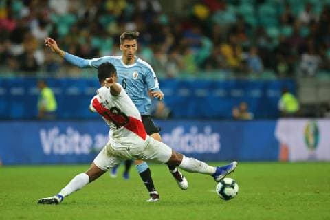 29th June, 2019, Arena Fonte Nova Stadium, Salvador, Brazil; Copa America International football tournament, Peru versus Uruguay; Rodrigo Bentancur of Uruguay and Renato Tapia of Peru  ActionPlus12149258 HeulerxAndrey