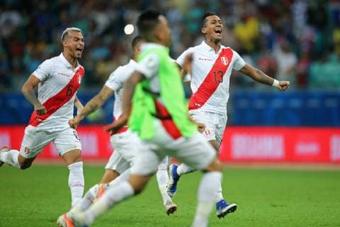 29th June, 2019, Arena Fonte Nova Stadium, Salvador, Brazil; Copa America International football tournament, Peru versus Uruguay; Miguel Trauco and Renato Tapia of Peru celebrate victory after penalty shoot out which won them the match  ActionPlus12149264 HeulerxAndrey