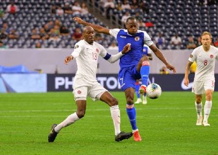 June 29, 2019: Haiti forward, Herve Bazile (7), and Canada midfielder, Atiba Hutchiinson (13), work for ball control during the 2019 CONCACAF Gold Cup, quarter final match between Haiti and Canada, at NRG Stadium in Houston, TX. Mandatory Credit: Sports South Media CSM 2019 CONCACAF Gold Cup: Haiti vs Canada Jun 29 - ZUMAc04_ 20190629_zaf_c04_049 Copyright: xKevinxLangleyx