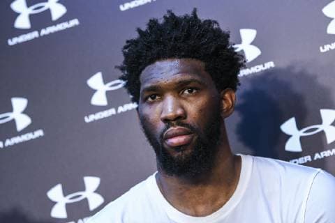 NBA, Basketball Herren, USA star Joel Embiid of Philadelphia 76ers attends a press conference, PK, Pressekonferenz for the 2019 Under Armour Basketball Asia Tour in Shanghai, China, 29 June 2019. Joel Embiid meets press for 2019 Under Armour Basketball Asia Tour  bjl11478606