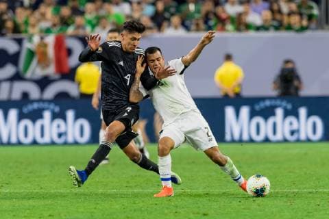June 29, 2019 - Houston, Texas, USA - June 29, 2019 : Costa Rica midfielder Randall Leal (2) and Mexico defender Edson Alvarez (4) battle for the ball during a Concacaf Gold Cup Quarterfinals match between Mexico and Costa Rica at NRG Stadium in Houston, Texas. At the half Mexico is in the lead 1-0. ZUMA Press CONCACAF Gold Cup Quarterfinals 2019: Mexico and Costa Rica Jun 29 - ZUMAl153 20190629_zap_l153_079 Copyright: xMariaxLysakerx