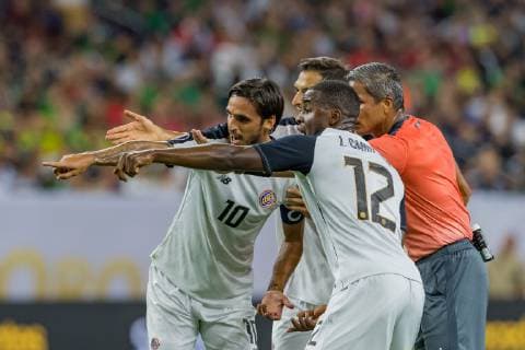 June 29, 2019 - Houston, Texas, USA - June 29, 2019 : Costa Rica midfielder Bryan Ruiz (10) and forward Joel Campbell (12) motions to the referee about the missed call during a Concacaf Gold Cup Quarterfinals match between Mexico and Costa Rica at NRG Stadium in Houston, Texas. At the half Mexico is in the lead 1-0. ZUMA Press CONCACAF Gold Cup Quarterfinals 2019: Mexico and Costa Rica Jun 29 - ZUMAl153 20190629_zap_l153_078 Copyright: xMariaxLysakerx