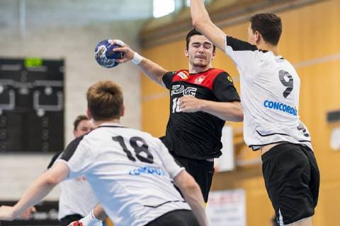 Kloten, Germany 30 June 2019 Handball, DHB U21 international Airport Trophy Switzerland vs Germany v li On Langenick Switzerland , Hendrik Schreiber Germany HSG Wetzlar , Lukas Heer Switzerland Kloten Sporthalle Ruebisbach Switzerland