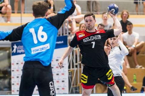 Kloten, Germany 30 June 2019 Handball, DHB U21 international Airport Trophy Switzerland vs. Germany v li Leonard Graziolie Switzerland , Max Staar Germany GWD Minden Kloten Sporthalle Ruebisbach Switzerland