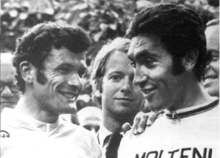PARIS----BERNARD THEVENET(L)WEARING THE WINNER S YELLOW JERSEY, SMILES AS HE RECEIVES SOME WORDS OF CONGRATULATIONS FROM RUNNERUP EDDY MERCKX AFTER THEY WOUND UP THE 21-DAY TOUR DE FRANCE MARETHON BICYCLE RACE IN PARIS 7 20. MERCKX,WINNER OF THE CYCLING CLASSIC THE FIVE TIMES HE HAS ENTERED IT IN THE PAST,LOST THE OVERAL LEAD TO THEVENET LAST SUNDAY. .JVB WST BELGA.  x251942x  x84984508stx