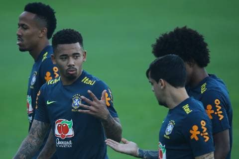 July 1st 2019, CT Cidade do Galo, Belo Horizonte, Brazil; Training Session of Brazil at the CT Cidade do Galobefore their semi-final match versus Argentina on 2nd Jul; Gabriel Jesus and Fagner  ActionPlus12149754 HeulerxAndrey