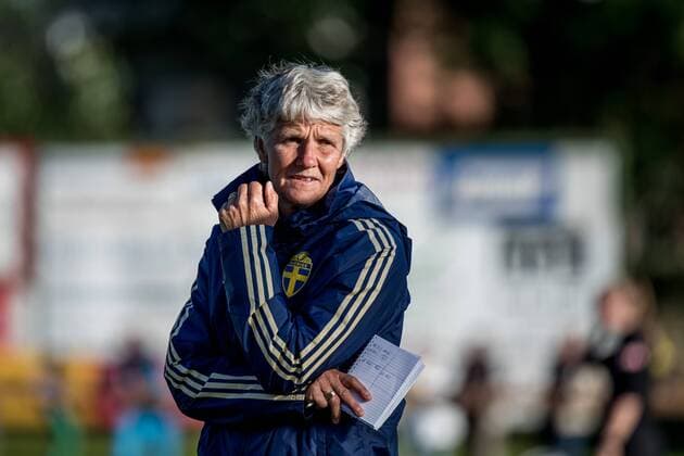 190702 Swedens federal captain Pia Sundhage during the F16 international football match between Sweden and the Netherlands on July 2, 2019 in Svanesund,  Copyright: SebastianxLamotte BB190702SL055