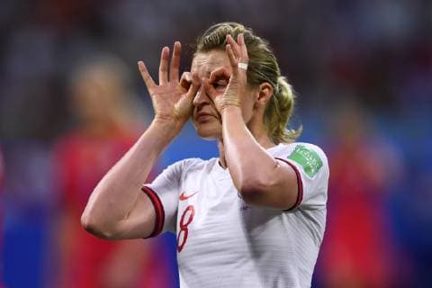 July 2, 2019 - Lyon, France - Jill Scott (Manchester City WFC) of England celebrates after scoring her sides first goal during the 2019 FIFA Women s World Cup France Semi Final match between England and USA at Stade de Lyon on July 2, 2019 in Lyon, France. England v USA: Semi Final - 2019 FIFA Women s World Cup France  - ZUMAn230 20190702_zaa_n230_393 Copyright: xJosexBretonx
