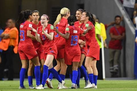 July 2, 2019 - Lyon, France - Alex Morgan (Orlando Pride) of United States celebrates after scoring her sides first goal during the 2019 FIFA Women s World Cup France Semi Final match between England and USA at Stade de Lyon on July 2, 2019 in Lyon, France. England v USA: Semi Final - 2019 FIFA Women s World Cup France  - ZUMAn230 20190702_zaa_n230_396 Copyright: xJosexBretonx