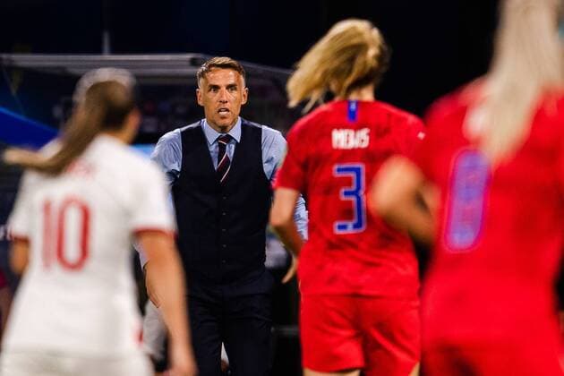 190702 Phil Neville, Head coach of England during the FIFA World Cup semi final match between England and USA on July 2, 2019 in Lyon Photo Simon Hastegard Image Source Code SH 180099 bbeng soccer football soccer soccer lady women women france france world Cup 2019 world championship world cup fifa women s world cup 2019 world cup semifinal semi final knockout stage england usa,  Copyright: SIMONxHASTEGARD BB190702SH109
