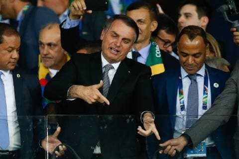 Brazil vs. Argentina BELO HORIZONTE, MG - 02.07.2019: BRAZIL VS. ARGENTINA - Brazil& 39;s president Jair Messias Bolsonaro is seen on the rostrum next to Cafu, a former five-time champion, during a match between Brazil and Argentina, valid for the 2019 Copa América semifinal, held on Tuesday (02) at the Estádio do Mineirão in Belo Horizonte, MG. (Photo: Marcelo Machado de Melo Fotoarena) x1757451x  MarceloxMachadoxdexMelo