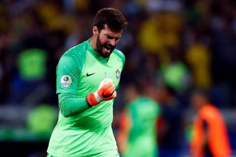 Brazilian goalkeeper Alisson Becker celebrates the 1-0 lead during the Copa America 2019 semi-finals soccer match between Brazil and Argentina, at Mineirao Stadium in Belo Horizonte, Brazil, 2 July 2019. Brazil vs. Argentina !ACHTUNG: NUR REDAKTIONELLE NUTZUNG!  Copyright: xYurixEdmundox SCA23118 20190703-636977193746454181