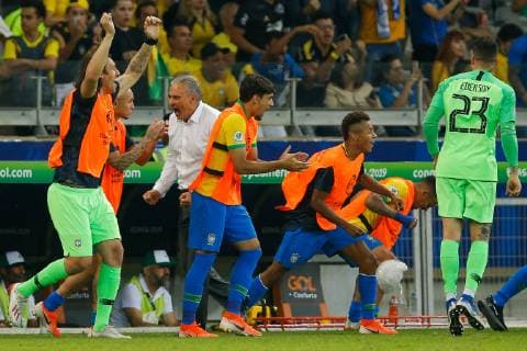 Brazil vs. Argentina BELO HORIZONTE, MG - 02.07.2019: BRAZIL VS. ARGENTINA - Players from Brazil and Brazilian national team, Nationalteam coach Tite celebrate qualifying after a win in a match between Brazil and Argentina, valid for the semi-final of Copa America 2019, held on Tuesday (02) at the Estádio do Mineirão in Belo Horizonte, MG. (Photo: Marcelo Machado de Melo Fotoarena) x1757566x  MarceloxMachadoxdexMelo