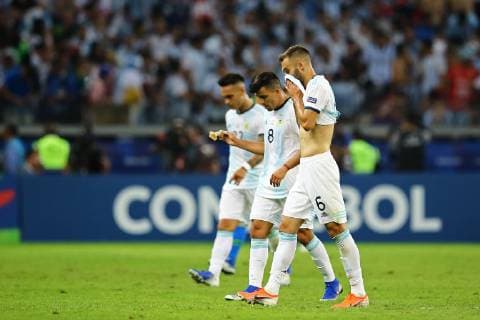 July 2nd 2019, Mineirao, Belo Horizonte, Brazil; Copa America International football, semi final, Brazil versus Argentina; Marcos Acu& xf1;a and Germ& xe1;n Pezzella of Argentina disappointed at the final whistle  ActionPlus12150100 HeulerxAndrey