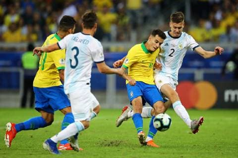July 2nd 2019, Mineirao, Belo Horizonte, Brazil; Copa America International football, semi final, Brazil versus Argentina; Philippe Coutinho of Brazil and Juan Foyth of Argentina  ActionPlus12150101 HeulerxAndrey