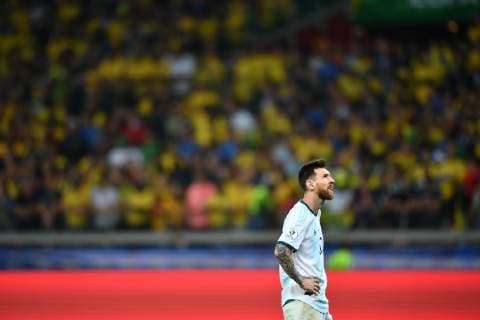 (190703) -- BELO HORIZONTE, July 3, 2019 -- Argentina s Lionel Messi reacts during the Copa America 2019 semifinal match between Argentina and Brazil, held in Belo Horizonte, Brazil, July 2, 2019. ) (SP)BRAZIL-BELO HORIZONTE-FOOTBALL-COPA AMERICA 2019-ARGENTINA VS BRAZIL XinxYuewei 