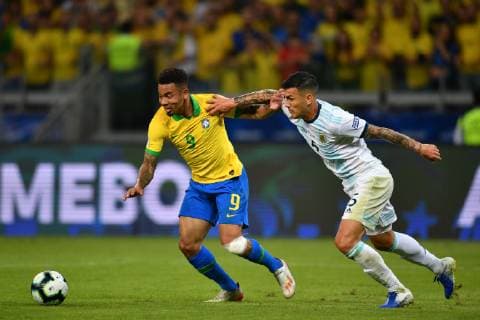 (190703) -- BELO HORIZONTE, July 3, 2019 -- Argentina s Leandro Paredes (R) competes with Brazil s Gabriel Jesus during the Copa America 2019 semifinal match between Argentina and Brazil, held in Belo Horizonte, Brazil, July 2, 2019. ) (SP)BRAZIL-BELO HORIZONTE-FOOTBALL-COPA AMERICA 2019-ARGENTINA VS BRAZIL XinxYuewei 
