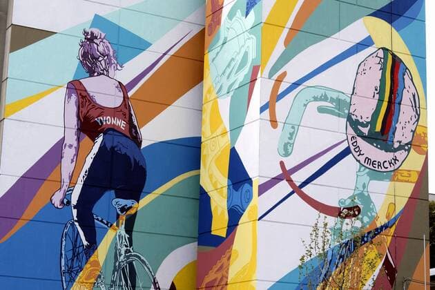 the official opening of a wall fresco Tour de France 2019, tribute to Eddy Merckx and Yvonne Reynders from artist Amandine Levy, on the wall of the Insititut des Arts et metiers - ahead of the 106th edition of the Tour de France cycling race, in Brussels, Belgium, Wednesday 03 July 2019. This year s Tour de France starts in Brussels and takes place from July 6th to July 28th. BELGAPHOTO ERICxLALMAND  x05618247x