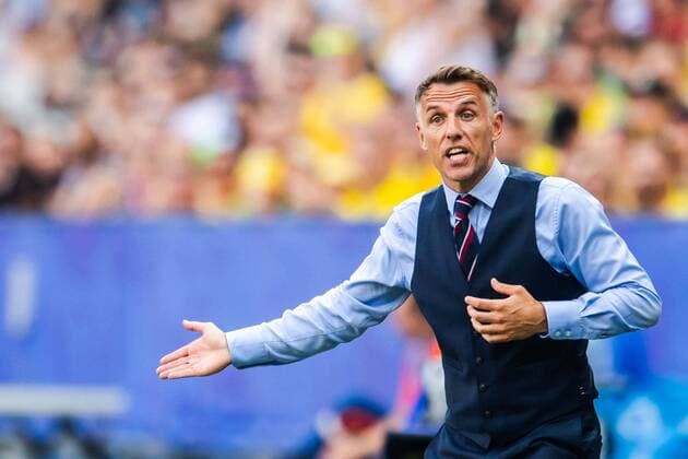 190706 Phil Neville, Head coach of England during the FIFA World Cup bronze medal game between England and Sweden on July 6, 2019 in Nice Photo Simon Hastegard Image Source Code SH 180104 bbeng soccer football soccer soccer lady women women france france world Cup 2019 world championship world cup fifa women s world cup 2019 world cup bronze match Third Place Play Off england sweden sweden,  Copyright: SIMONxHASTEGARD BB190706SH045