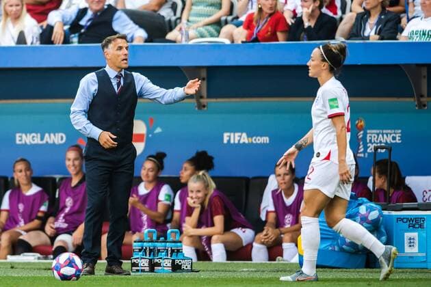 190706 Phil Neville, Head coach of England during the FIFA World Cup bronze medal game between England and Sweden on July 6, 2019 in Nice Photo Petter Arvidson Picture Agency Code PA 180104 bbeng soccer football soccer soccer lady women women france france world Cup 2019 world championship world cup fifa womens world cup 2019 world cup Sweden sweden England bronze final bronze medal match bronze match third place playoff,  Copyright: PETTERxARVIDSON BB190706PA168