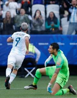 Argentina vs. Chile SÃO PAULO, SP - 06.07.2019: ARGENTINA VS. CHILE - Argentina& 39;s Sergio Kun Aguero celebrates after scoring a goal during a match between Argentina and Chile, valid for the third place match of the Copa América 2019, held this Saturday (06) at the Corinthians Arena in São Paulo, SP. (Photo: Marcelo Machado de Melo Fotoarena) x1759069x  MarceloxMachadoxdexMelo