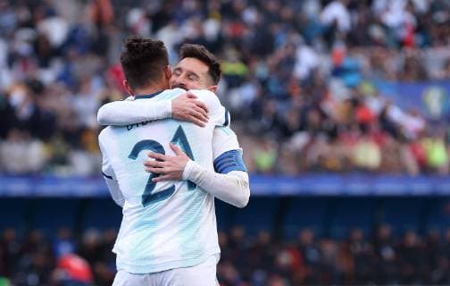 Argentina vs. Chile SÃO PAULO, SP - 06.07.2019: ARGENTINA VS. CHILE - Paulo Dybala of Argentina celebrates with Argentina& 39;s el Mes Messi after scoring a goal during a match between Argentina and Chile, vafor the third place match ofh of the Copa America 2019, held this Saturday (06) at the Corinthians Arena in São Paulo, SP. (Photo: Marcelo Machado de Melo Fotoarena) x1759096x  MarceloxMachadoxdexMelo