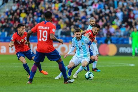 July 6, 2019 - Brazil - Messi in the Game of the match between Argentina X Chile valid for third place dispute of Copa America 2019, in the Arena Corinthians, in SoÂ£o Paulo, this Saturday (06). Photo: Copa America ARG X CHI - ZUMAb158 20190706_zap_b158_015 Copyright: xGeraldoxBubniakx
