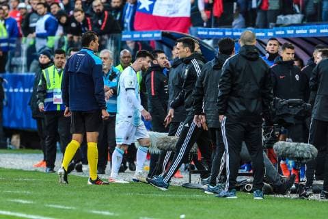 July 6, 2019 - Brazil - Messi in the Game of the match between Argentina X Chile valid for third place dispute of Copa America 2019, in the Arena Corinthians, in SoÂ£o Paulo, this Saturday (06). Photo: Copa America ARG X CHI - ZUMAb158 20190706_zap_b158_025 Copyright: xGeraldoxBubniakx
