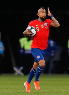 Argentina vs. Chile SÃO PAULO, SP - 06.07.2019: ARGENTINA VS. CHILE - Arturo Vidal of Chile celebrates after scoring a penalty in a penalty marked by VAR during a match between Argentina and Chile, valid for the dispute of the third place of Copa America 2019, held this Saturday (06) at the Corinthians Arena in São Paulo, SP. (Photo: Marcelo Machado de Melo Fotoarena) x1759130x  MarceloxMachadoxdexMelo