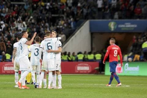 Futbol, Argentina vs Chile Copa America 2019 Los jugadores de la seleccion argentina celebran su triunfo contra durante el partido de de definicion del tercer lugar de la Copa America disputado en el estadio Arena de Corinthians de San Pablo, Brasil. 06 07 2019 Leo Pinheiro Dia Esportivo Photosport Football, Argentina vs Chile Copa America Championship 2019 Argentina s player celebrates against Chile during the Copa America definition of the third place match held at the Arena do Corinthians stadium in Sao Paulo, Brazil. 06 07 2019 Leo Pinheiro Dia Esportivo Photosport Argentina vs Chile, Copa America 2019 