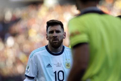 (190707) -- SAO PAULO, July 7, 2019 (Xinhua) -- Argentina s Lionel Messi reacts after he recieved a red card during the 3rd place match of Copa America 2019 between Argentina and Chile in Sao Paulo, Brazil, July 6, 2019. (Xinhua Rahel Patrasso) (SP)BRAZIL-SAO PAULO-FOOTBALL-COPA AMERICA 2019-ARGENTINA VS CHI 