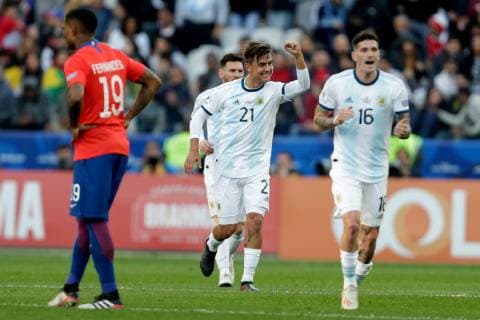 (190707) -- SAO PAULO, July 7, 2019 (Xinhua) -- Argentina s Paulo Dybala (2nd R) celebrates after scoring during the 3rd place match of Copa America 2019 between Argentina and Chile in Sao Paulo, Brazil, July 6, 2019. (Xinhua Francisco Canedo) (SP)BRAZIL-SAO PAULO-FOOTBALL-COPA AMERICA 2019-ARGENTINA VS CHILE 