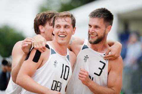 Team Denmark during the Beach Handball EURO 2019 men s game gold medal match Denmark Norway, Stare Jablonki, Poland, 07 07 2019, Mandatory Credit © Uros Hocevar kolektiff , Jablonki,  Copyright: UrosxHocevarx xkolektiffimages UrosxHocevar kolektiff EHFx COP444 spdk20190707-182458-L