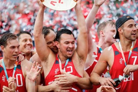 Team Denmark during the Beach Handball EURO 2019, ceremony, Stare Jablonki, Poland, 07 07 2019, Mandatory Credit © Uros Hocevar kolektiff , Jablonki,  Copyright: UrosxHocevarx xkolektiffimages UrosxHocevar kolektiff EHFx cop333 cop444 spdk20190707-201711-L